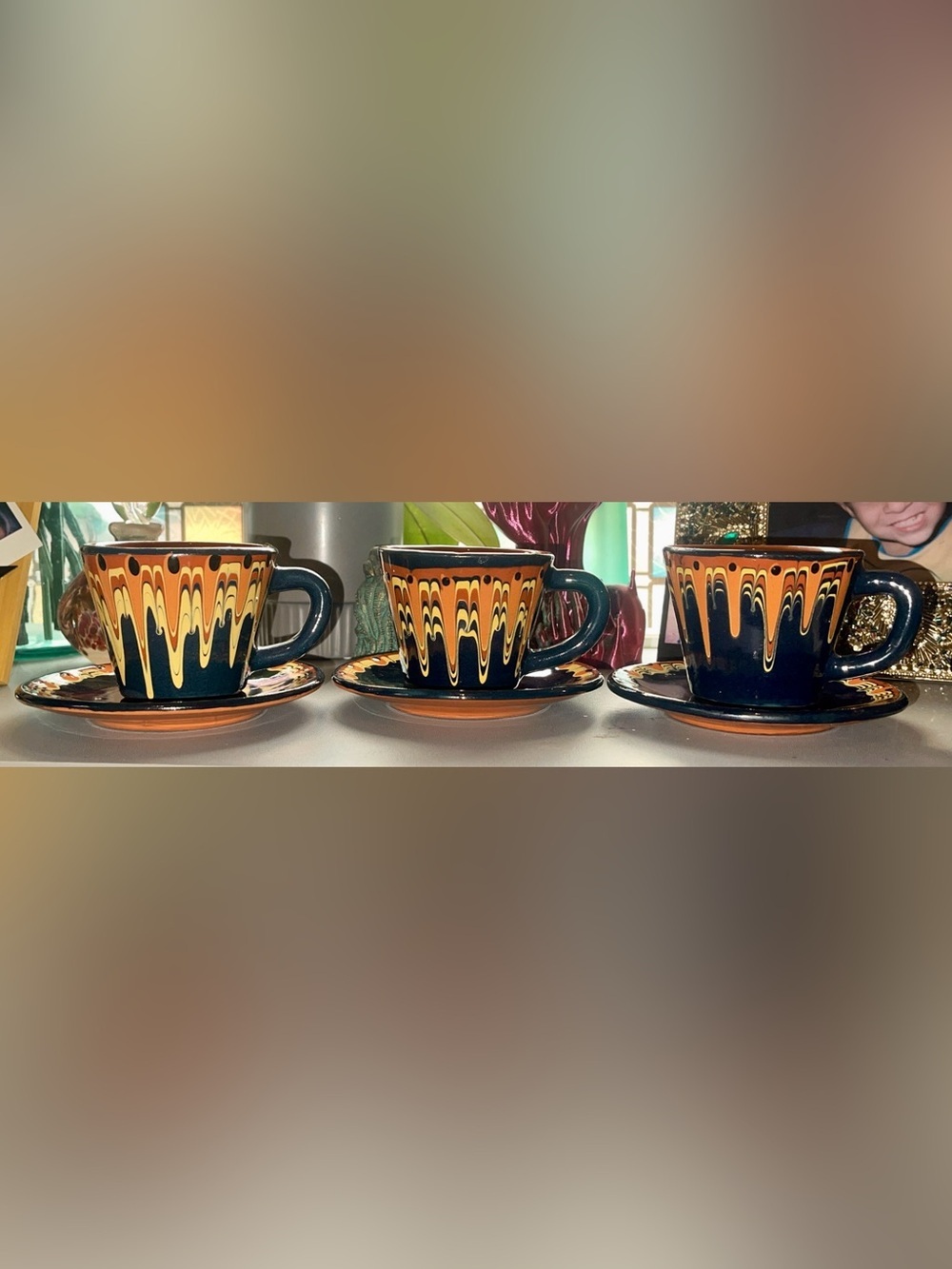 Vintage Bulgarian Troyan Pottery Coffee Set 3 Cups Saucers Drip Glaze Folk Art